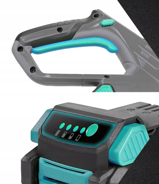 Akumulator z panelem wskaźników poziomu naładowania (cztery zielone diody LED) oraz duży, okrągły przycisk aktywacji lub sprawdzania stanu baterii, również w turkusowym kolorze.